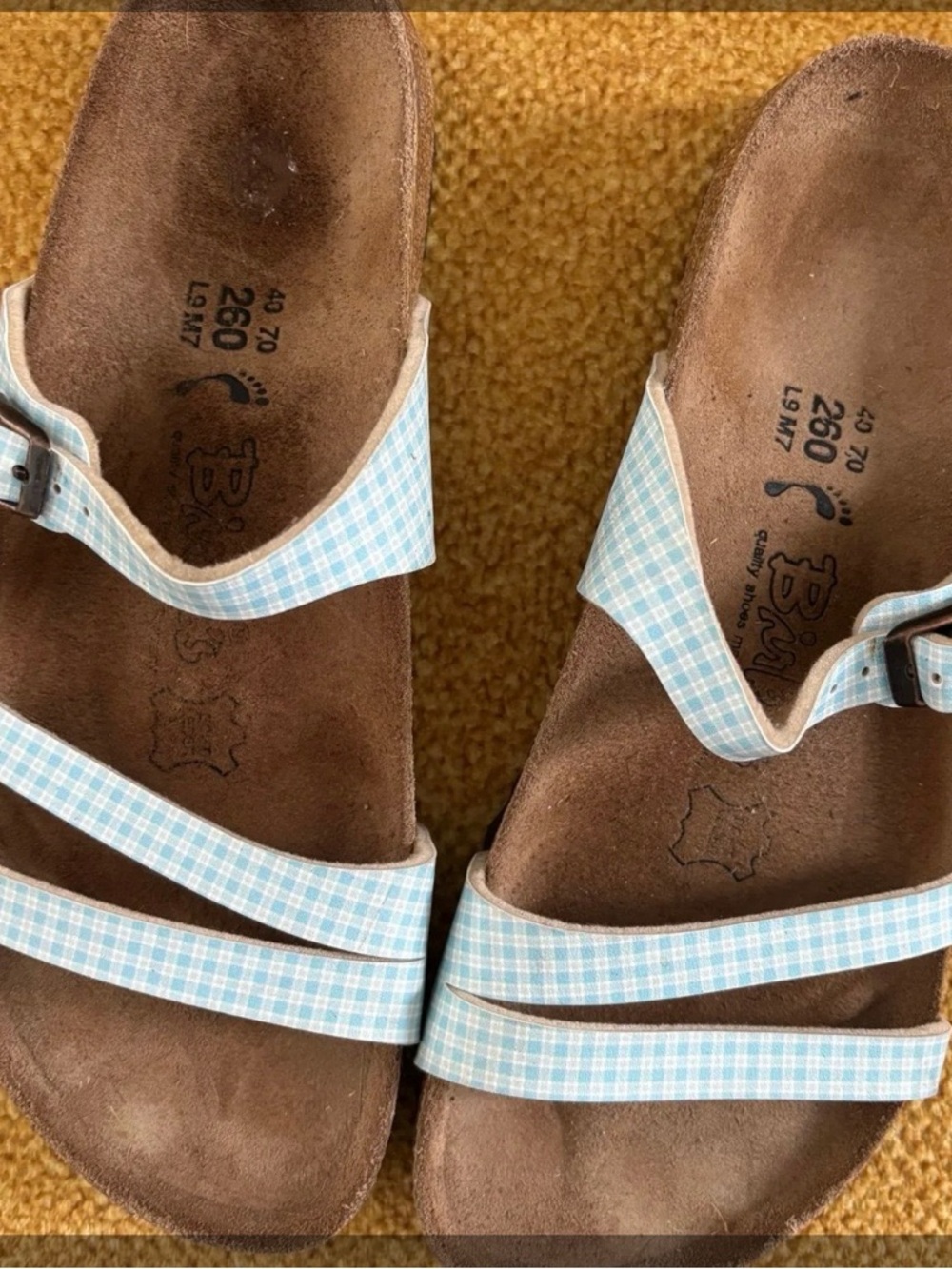 Birkenstock Light Blue Plaid Three-Strap Women’s Sandals